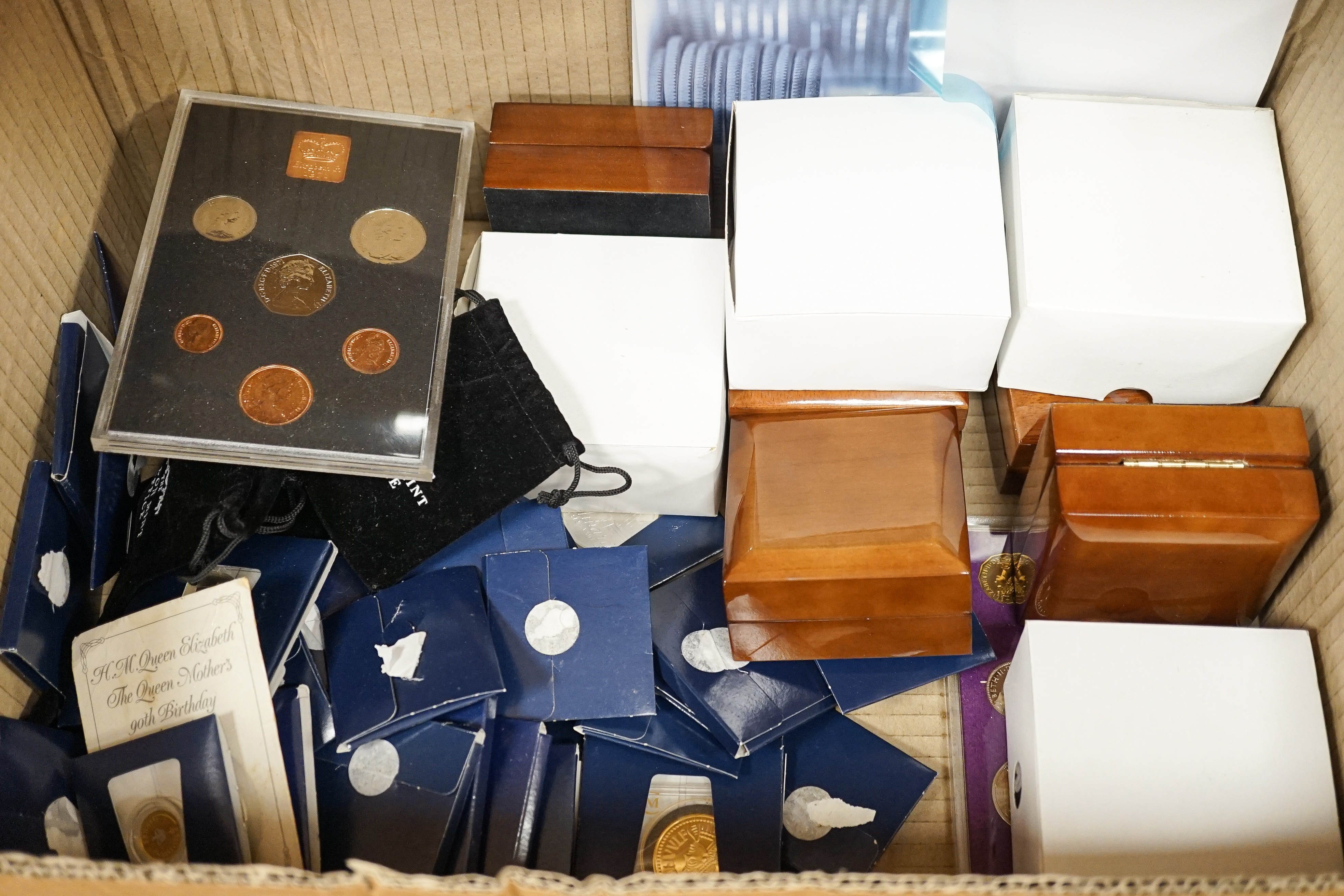 Two Royal Mint year sets 1970 & 1971 various London mint commemorative coins and later gold plated and enamelled coins (qty)